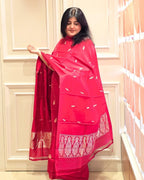 Rose red bird and floral buti silk suit set