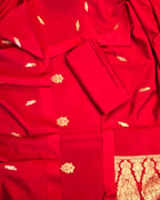Rose red bird and floral buti silk suit set