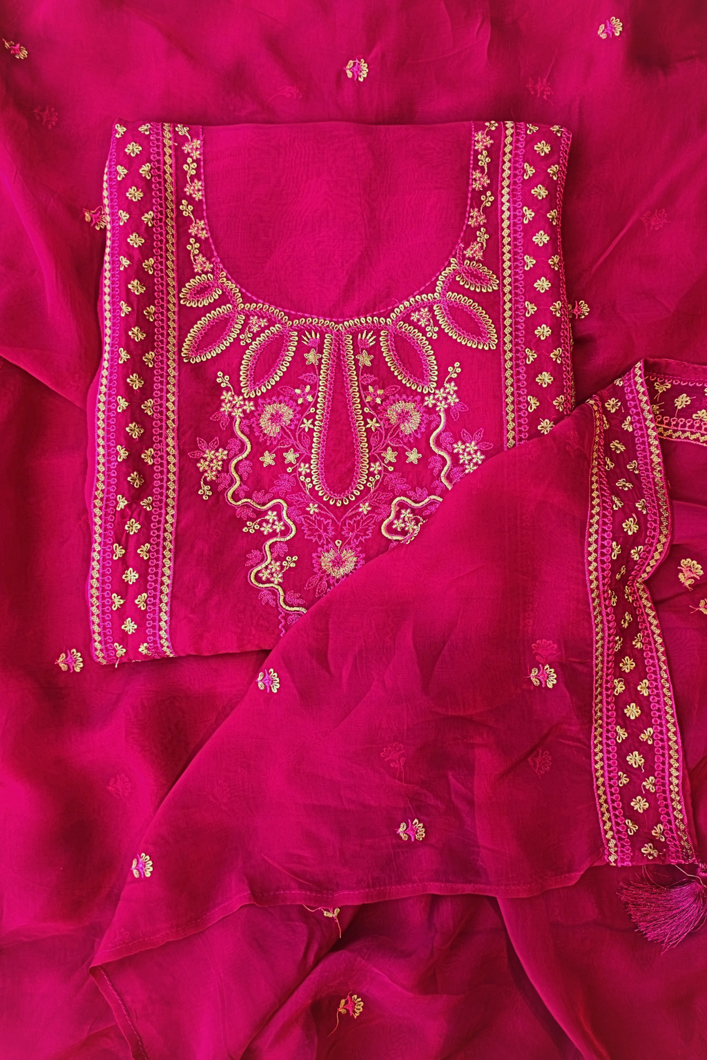 Soft rani pink organza resham embroidery 3pc unstitched suit set
