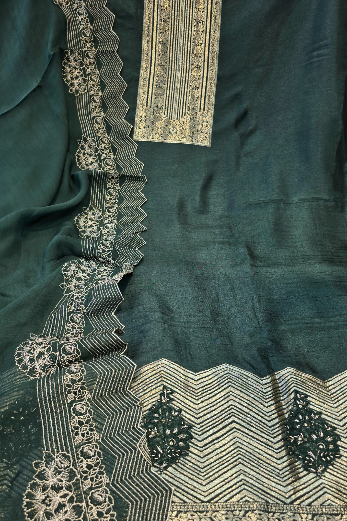 Russian silk zari detailing 3pc unstitched suit set