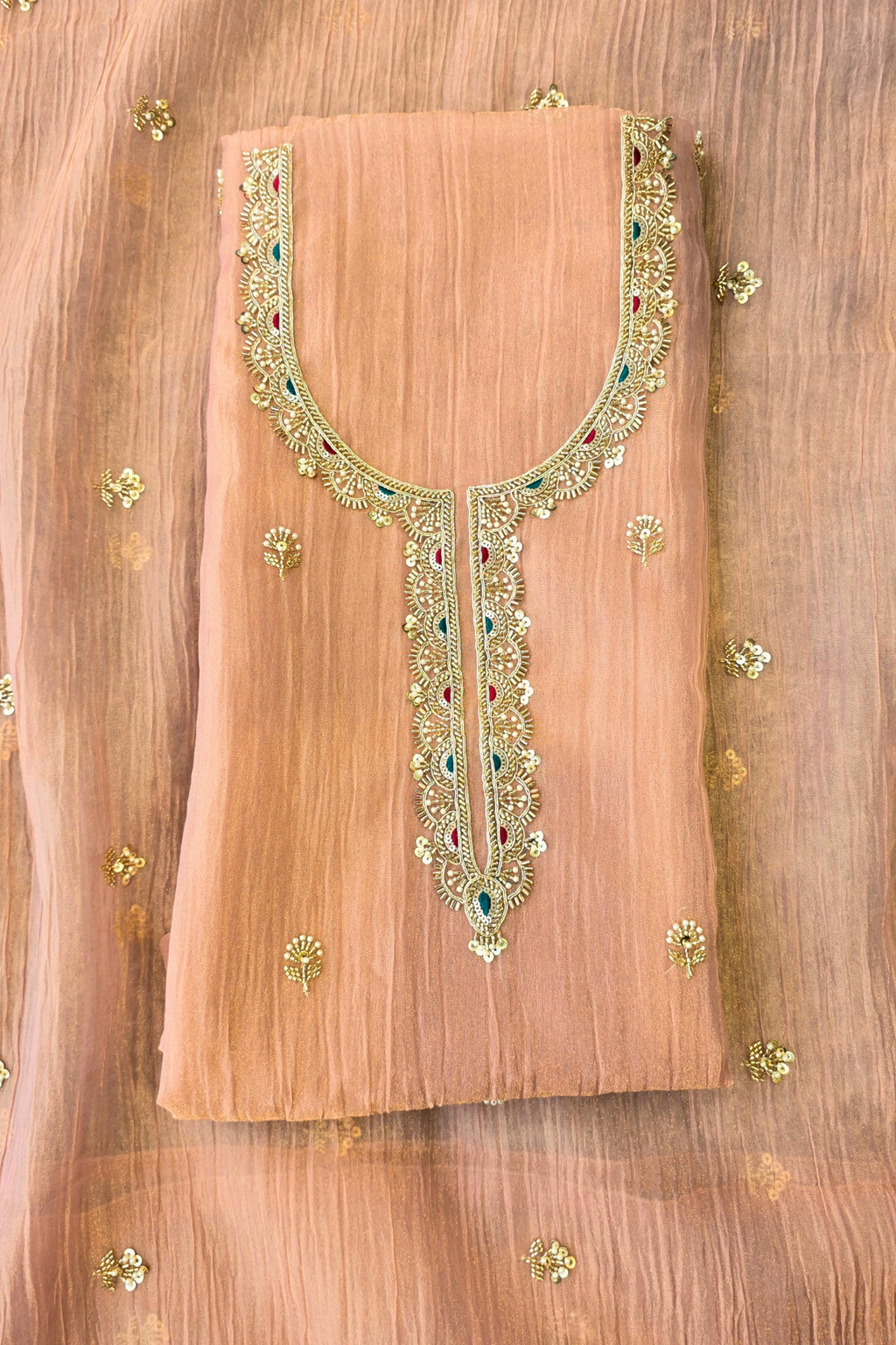 Crushed tissue hand embroidered 3pc unstitched suit set