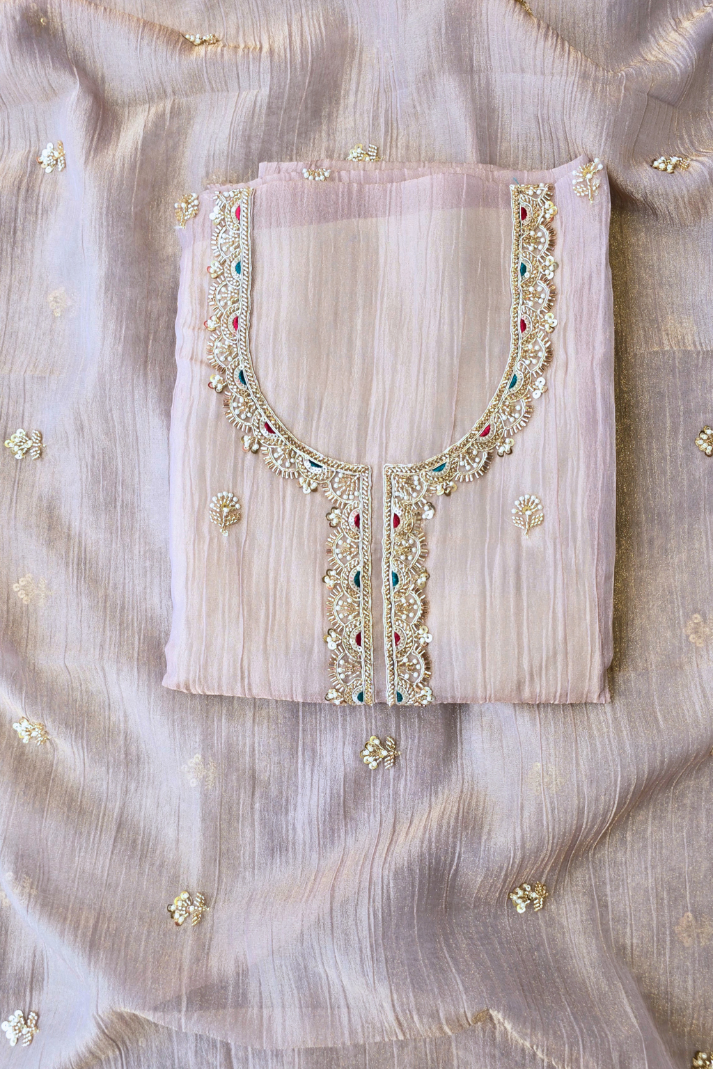 Crushed tissue hand embroidered unstitched 3pc suit set
