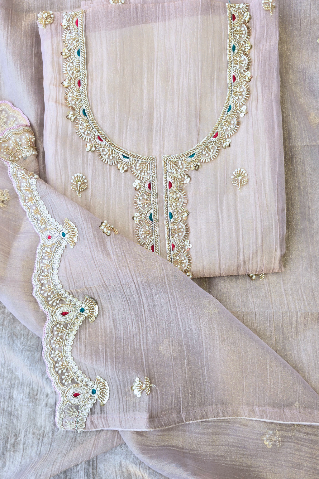 Crushed tissue hand embroidered unstitched 3pc suit set