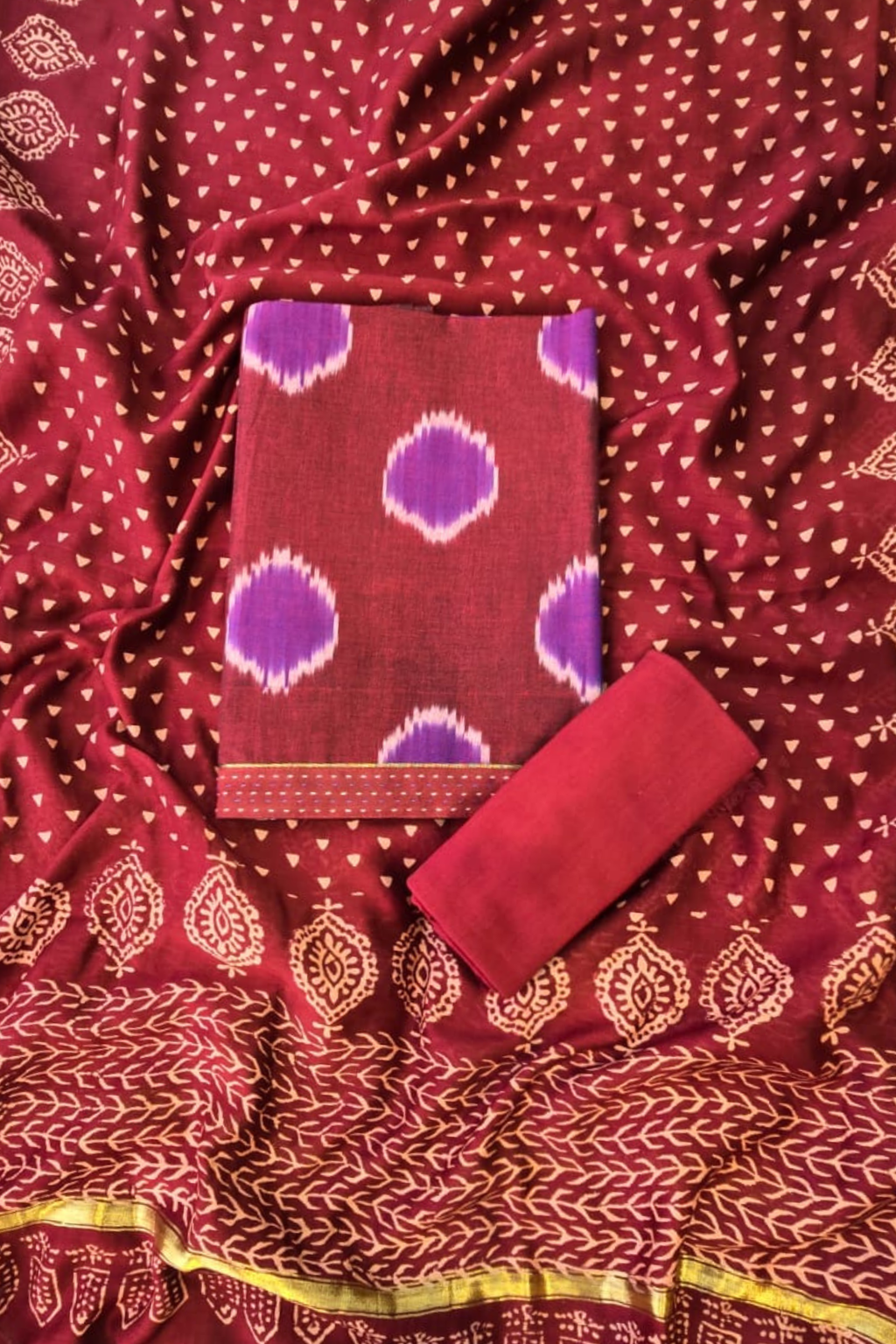 Handloom cotton ikkat 3pc unstitched suit set