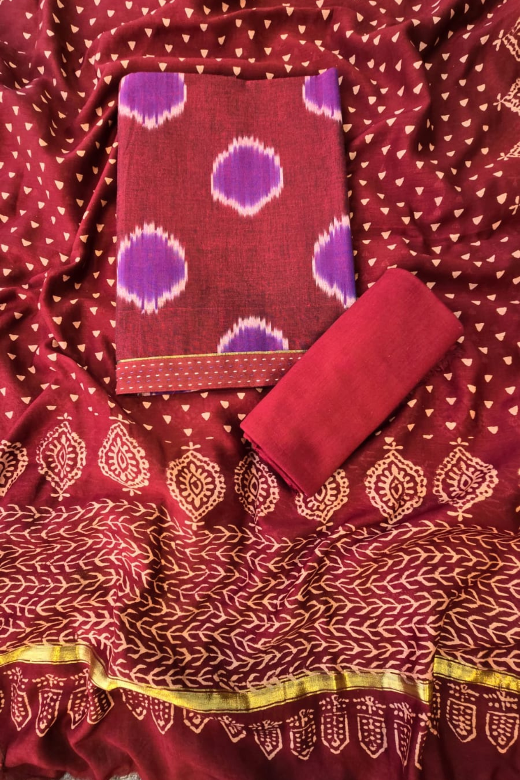 Handloom cotton ikkat 3pc unstitched suit set