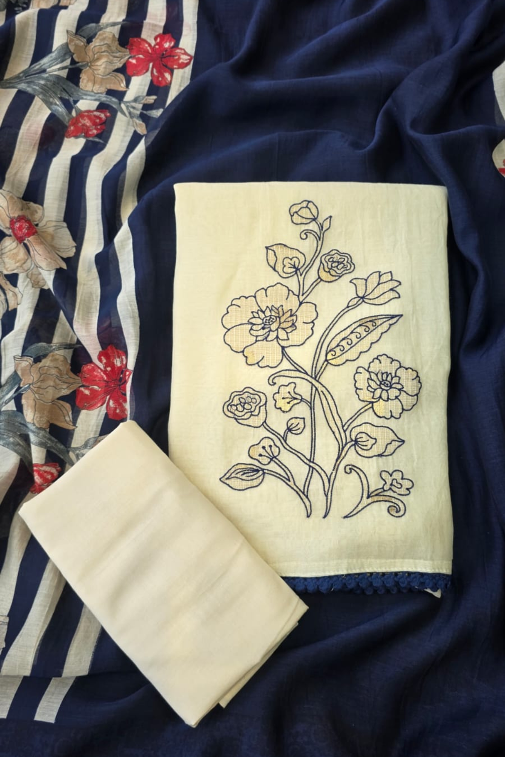 Mul chanderi applique work 3pc unstitched suit set