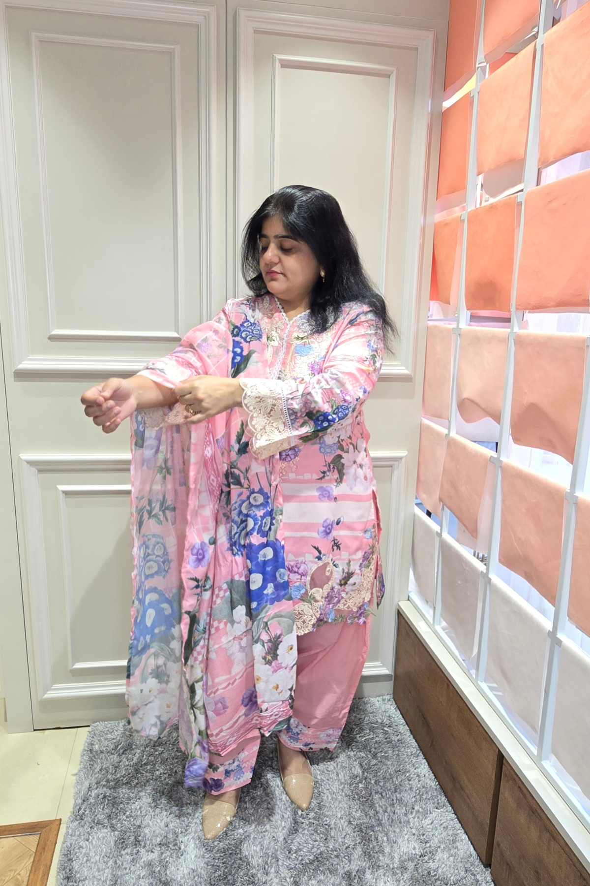 Pestel baby pink soft floral cotton 3pc readymade suit set