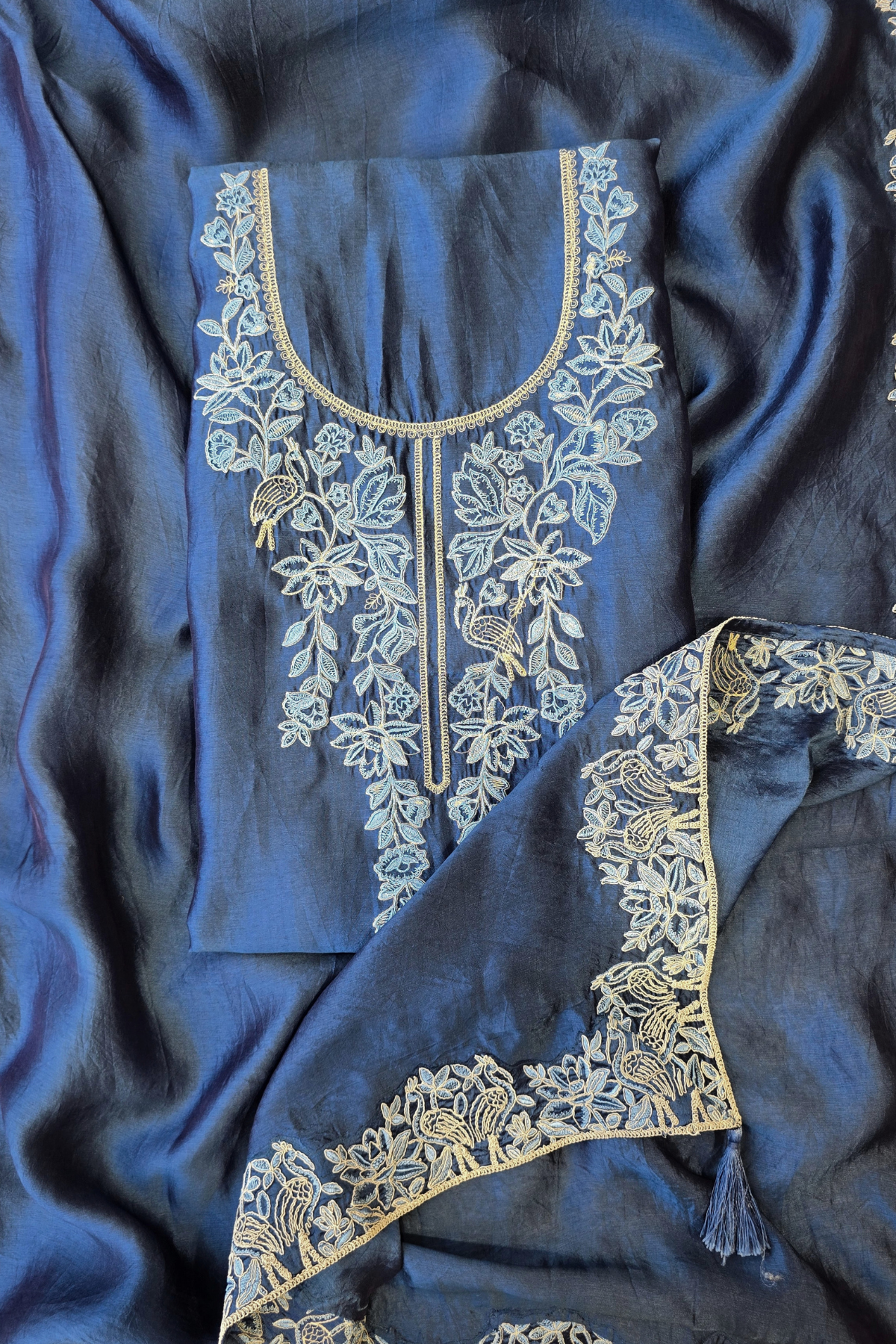 Soft teal blue silk chanderi dori work 3pc unstitched suit set