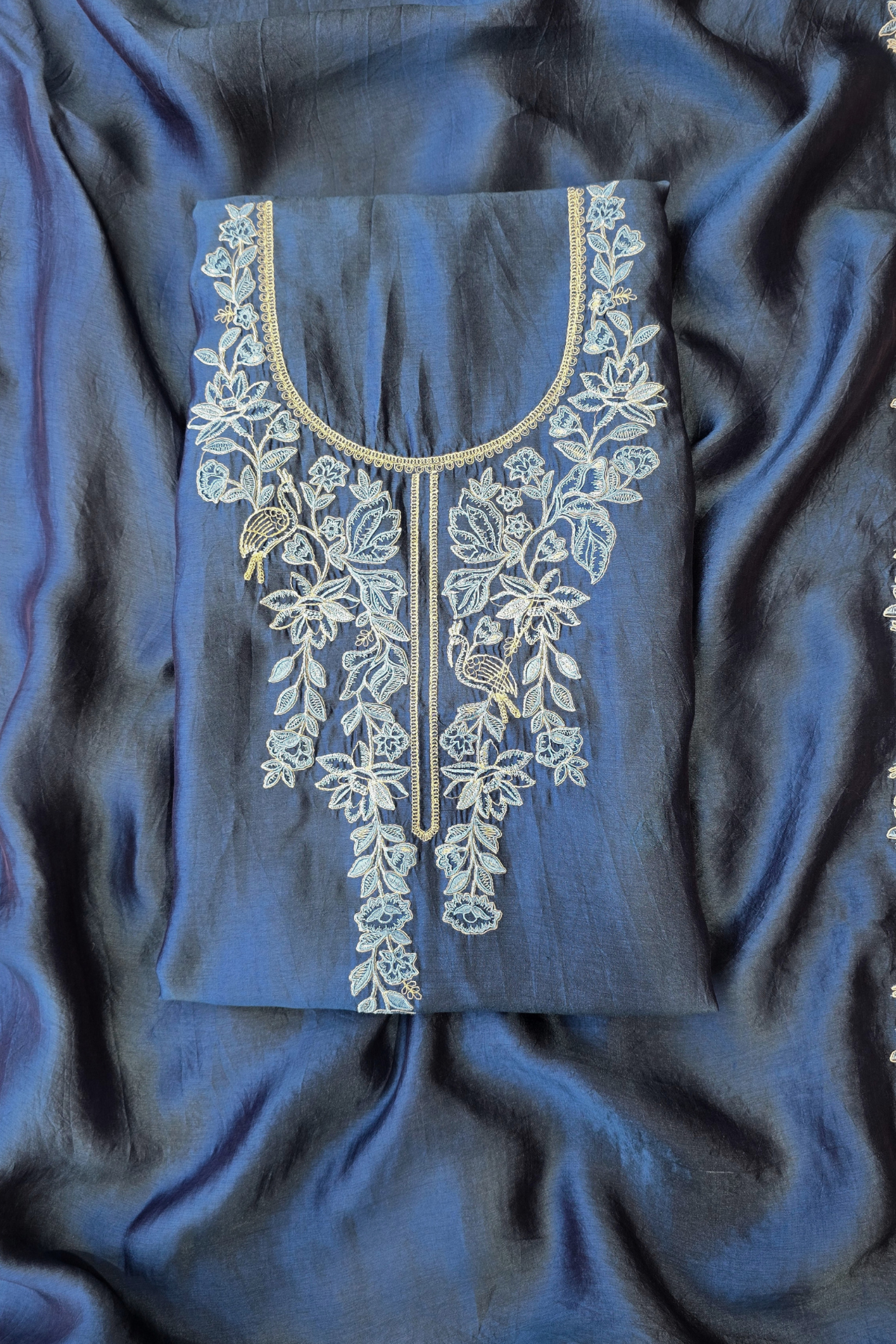 Soft teal blue silk chanderi dori work 3pc unstitched suit set