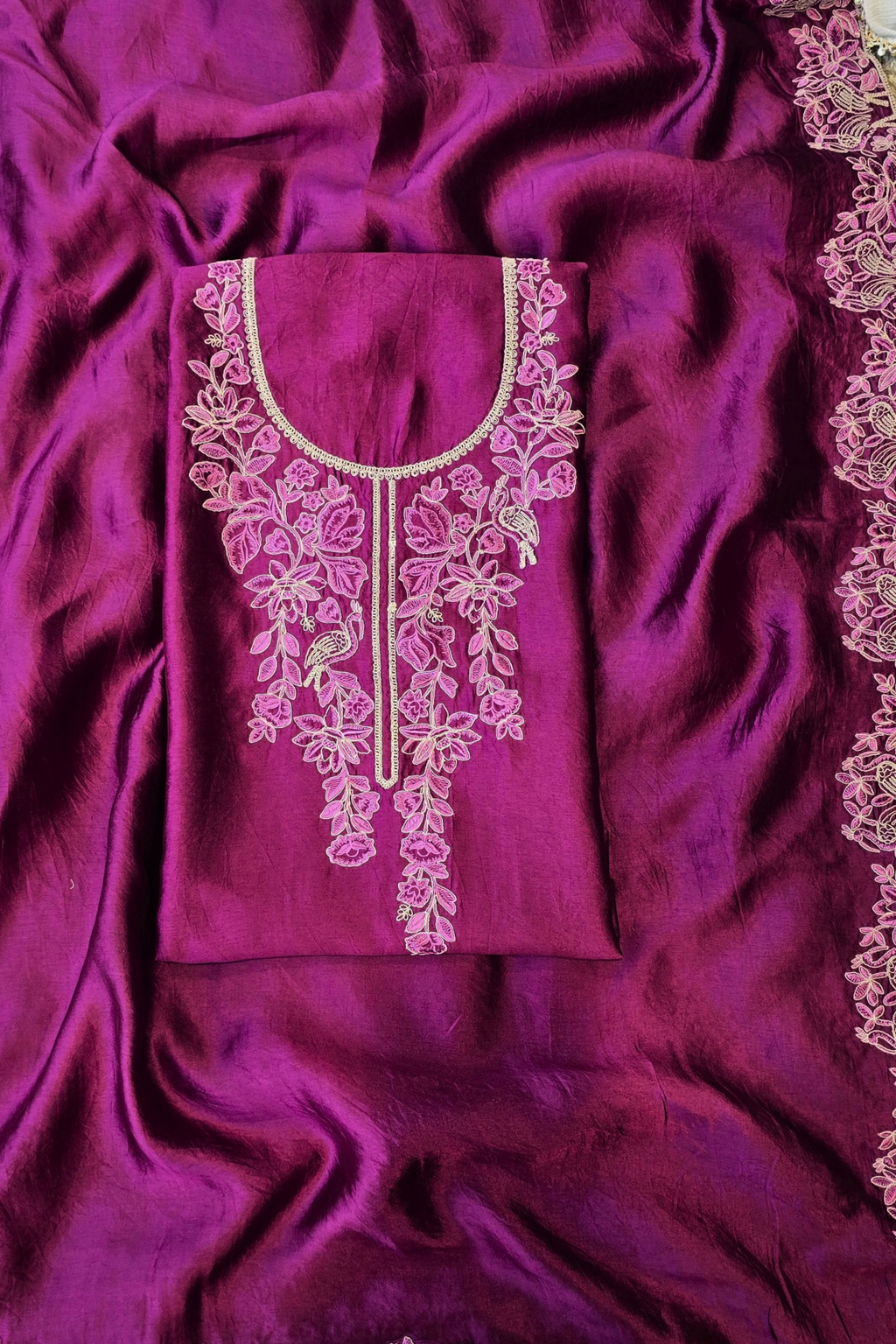 Soft wine silk chanderi dori work unstitched 3pc suit set
