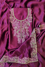 Soft wine silk chanderi dori work unstitched 3pc suit set