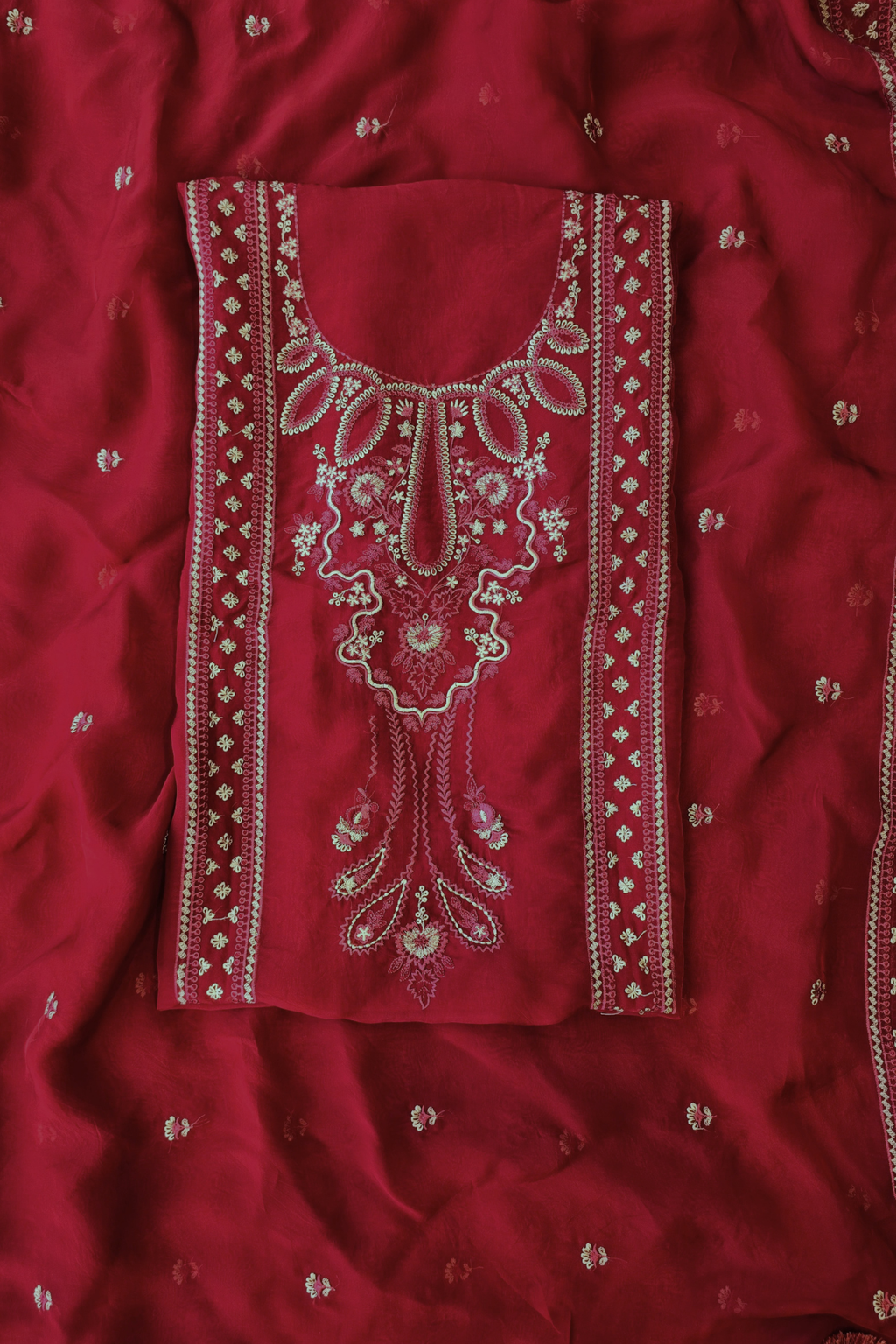 Soft ruby red organza resham embroidery 3pc unstitched suit set