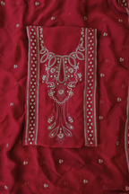 Soft ruby red organza resham embroidery 3pc unstitched suit set