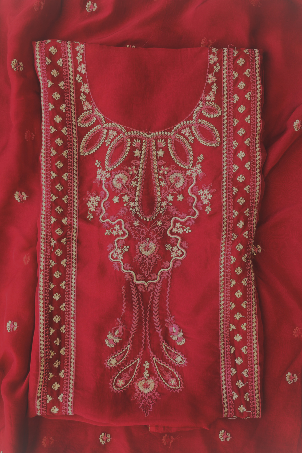 Soft ruby red organza resham embroidery 3pc unstitched suit set