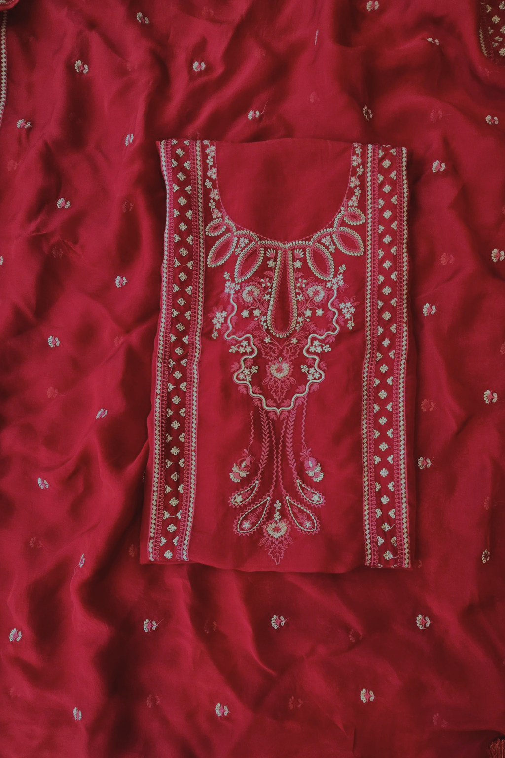 Soft ruby red organza resham embroidery 3pc unstitched suit set