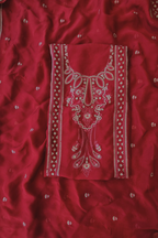 Soft ruby red organza resham embroidery 3pc unstitched suit set