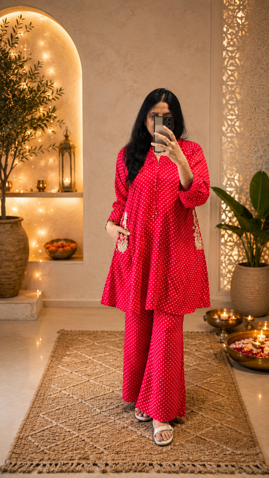 Red bandhani print readymade co-ord