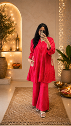 Red bandhani print readymade co-ord