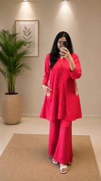 Red bandhani print readymade co-ord