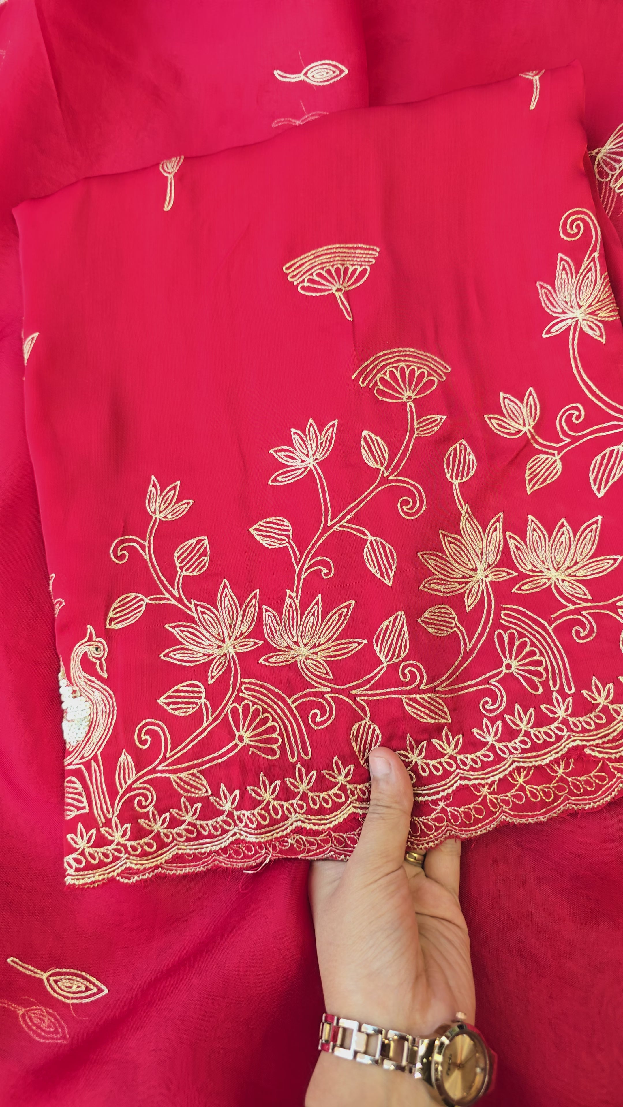 A beautiful ruby red 3pc set with organza dupatta