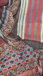 Red and black ajrakh stripe 3pc suit