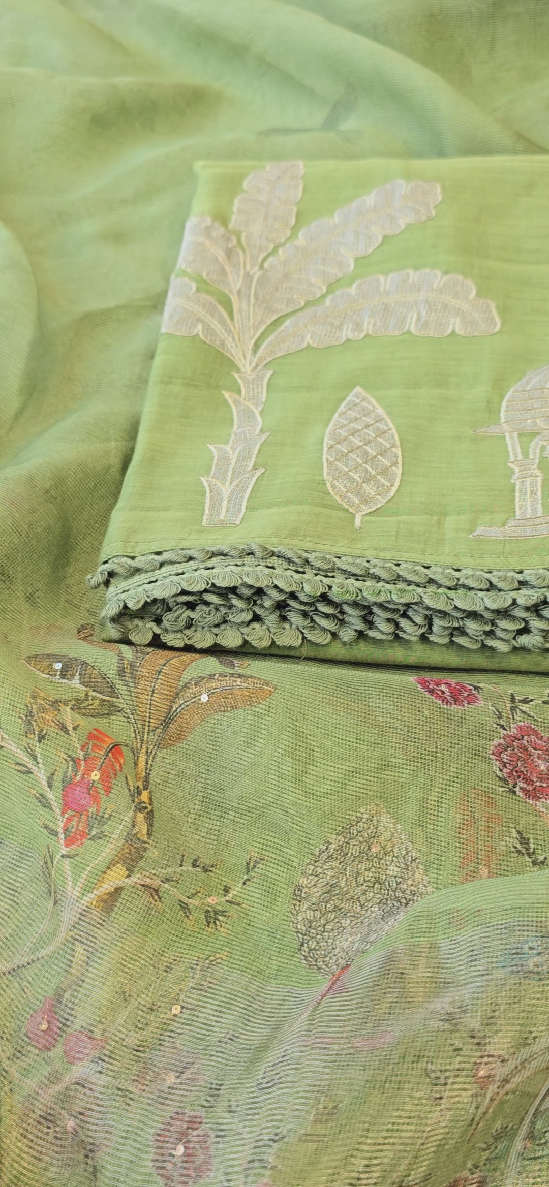 Leave green mul chanderi 3pcs suit set