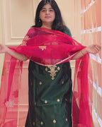 Bottle green neckline silk suit set