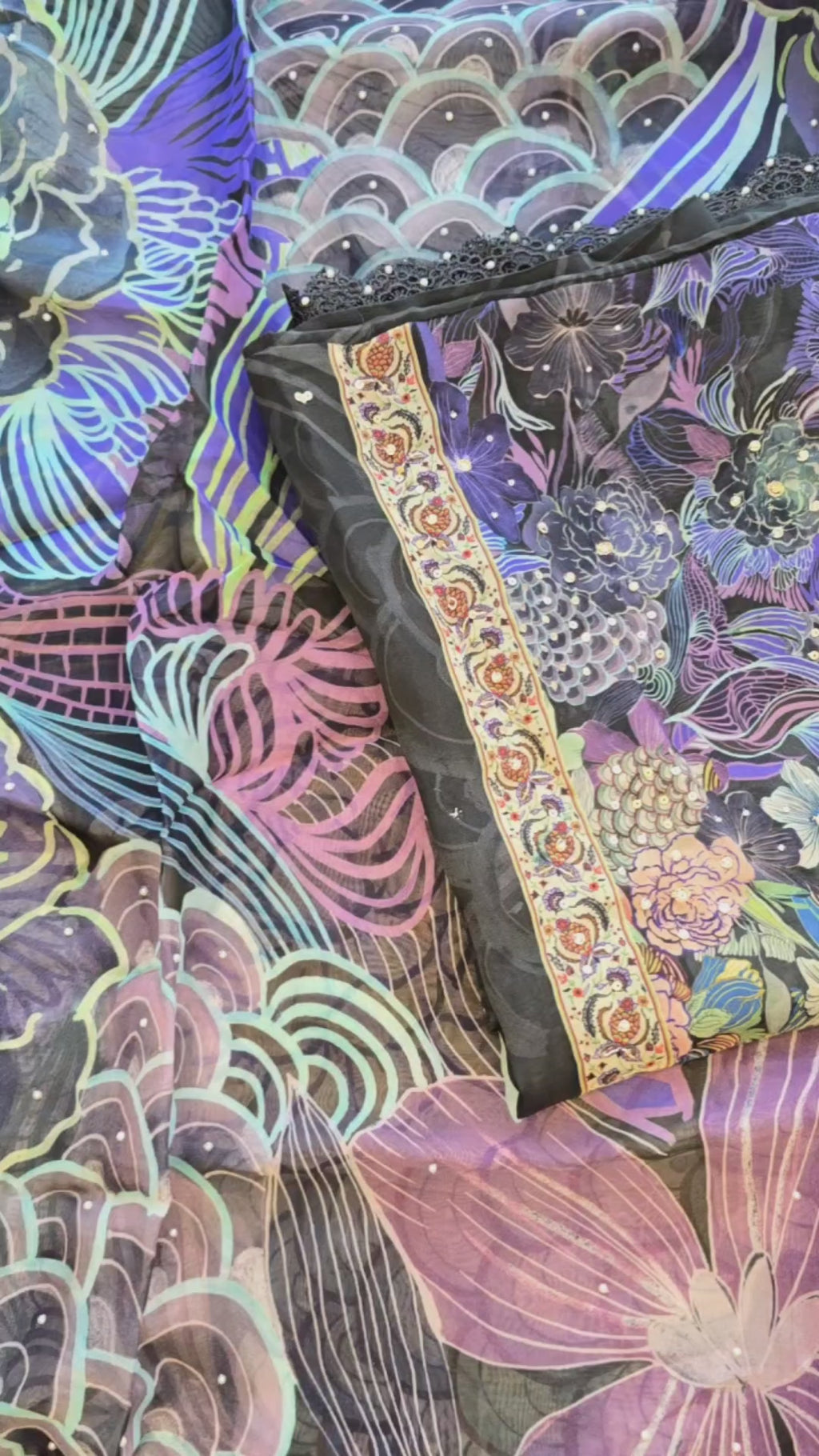 Black and purple floral organza digital print suit set