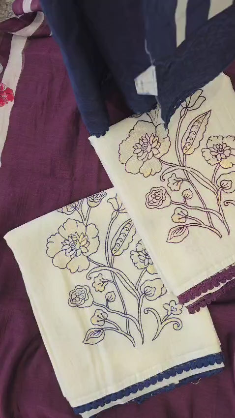 Mul chanderi applique work 3pc unstitched suit set