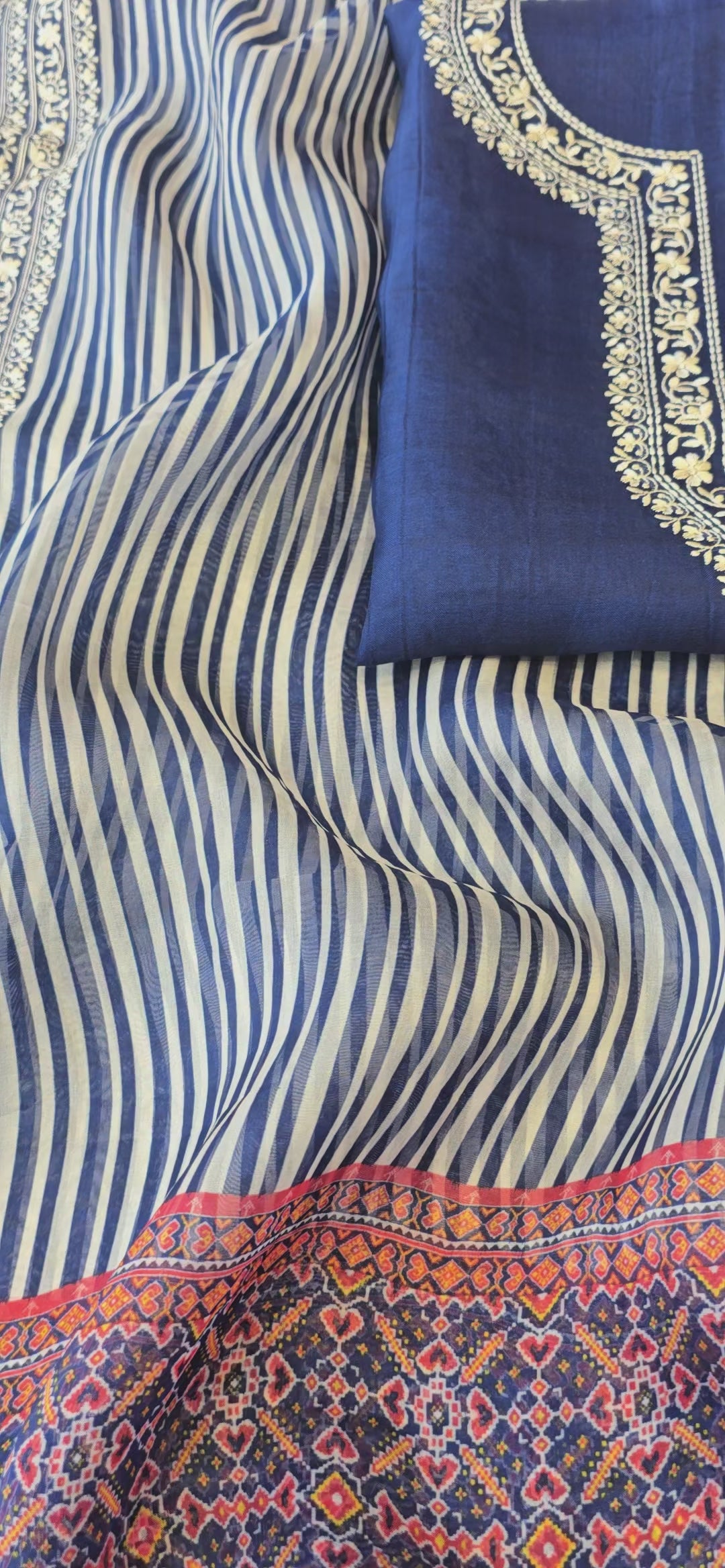 Blue pure silk organza 3pcs suit set