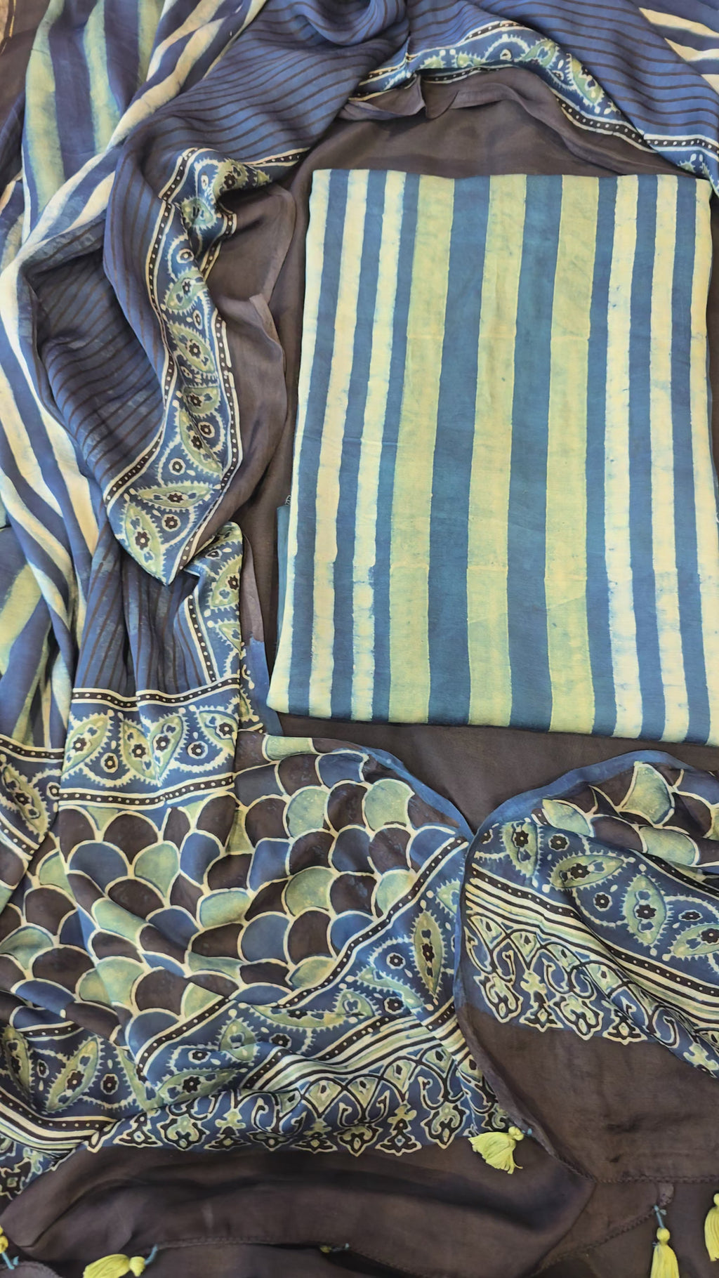 Light blue & black ajrakh stripes 3pc suit