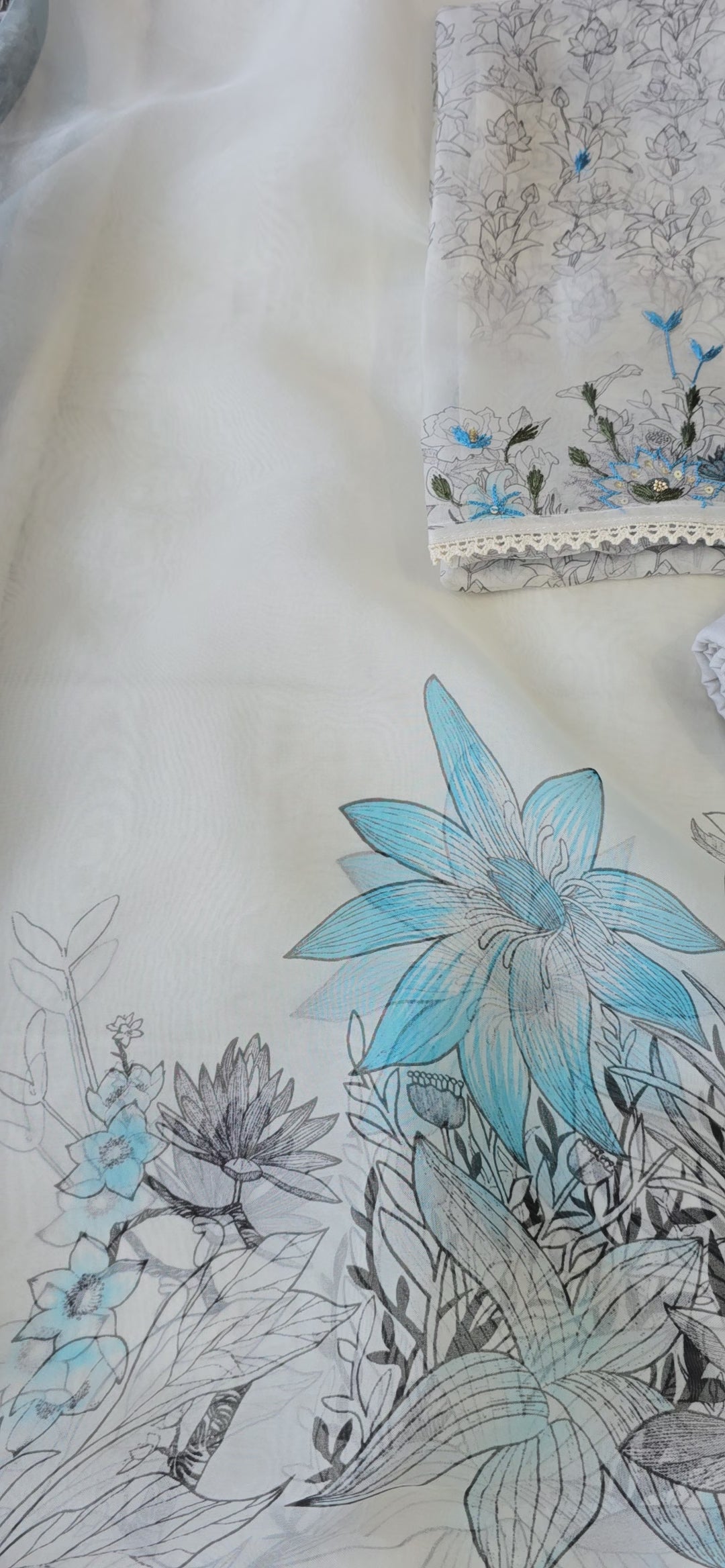 White and blue pure organza 3pcs suit set