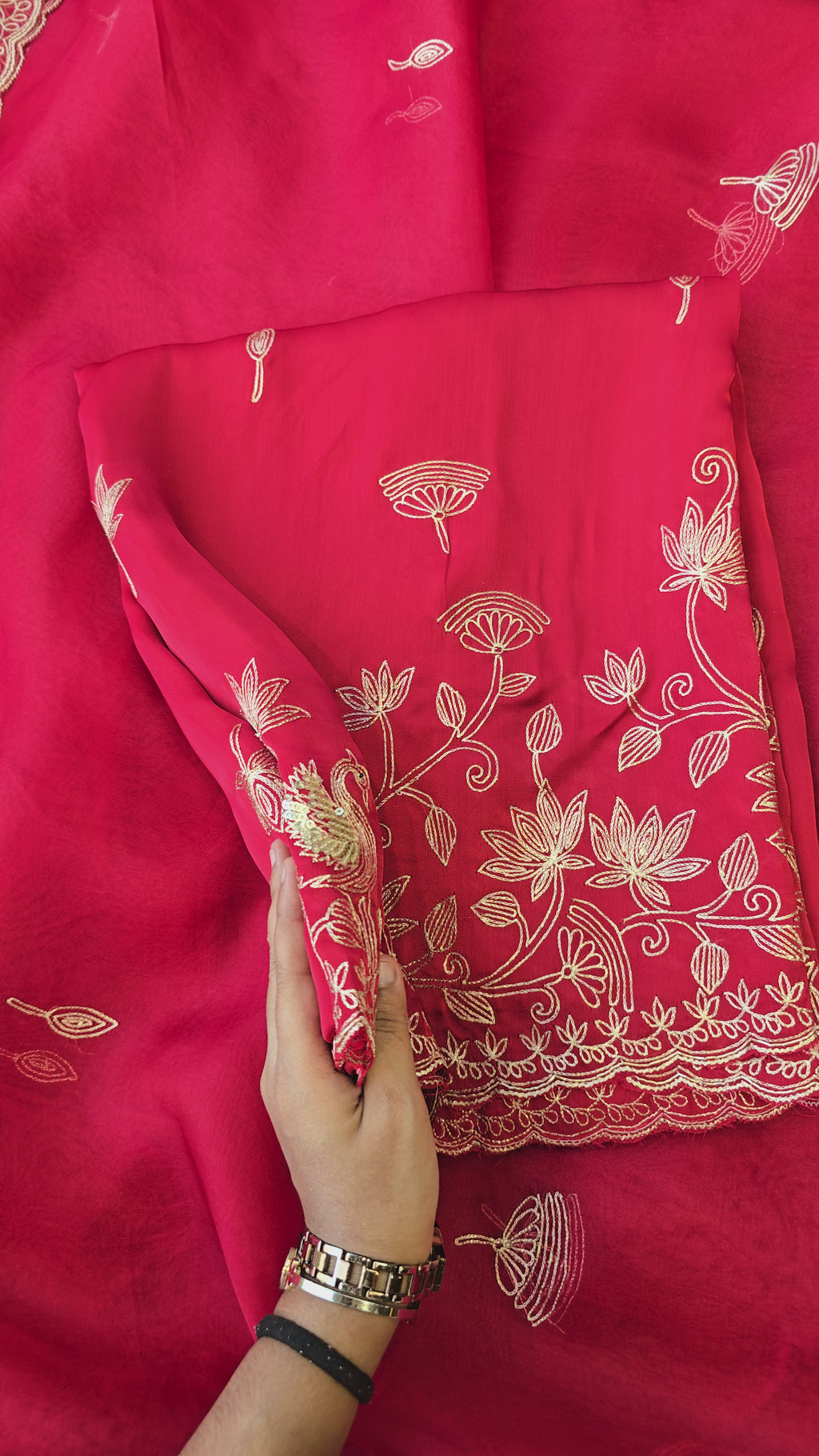 A beautiful ruby red 3pc set with organza dupatta