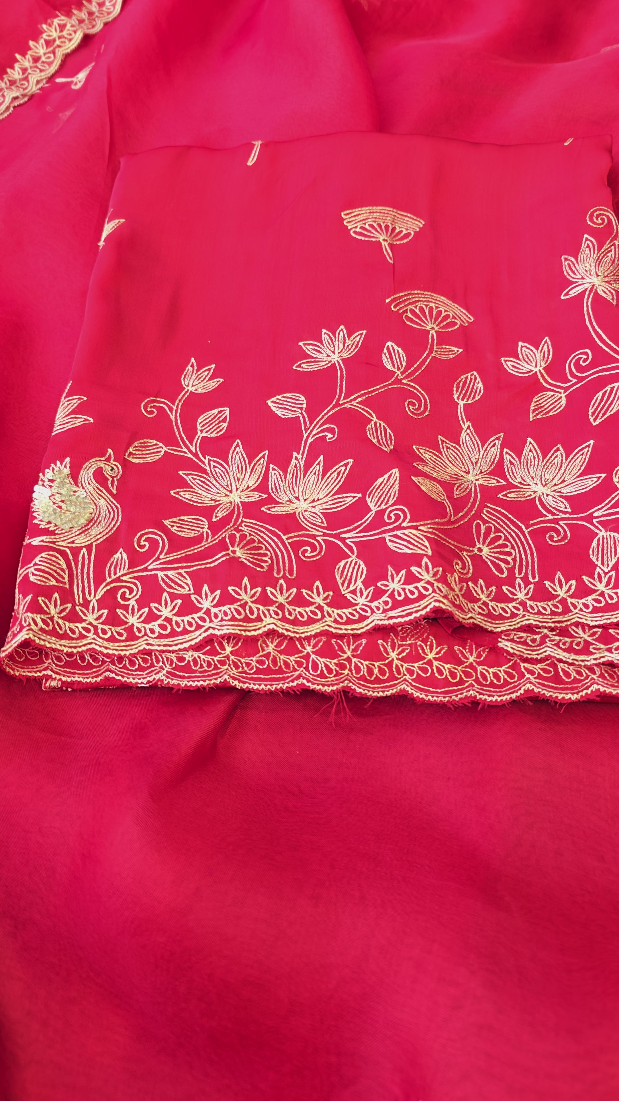 A beautiful ruby red 3pc set with organza dupatta